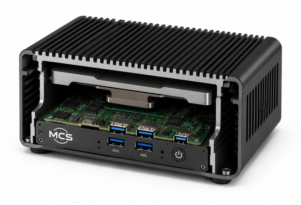 Řez bezventilátorovým Mini PC s pasivním chlazením procesoru pomocí hliníkového žebrovaného šasi.