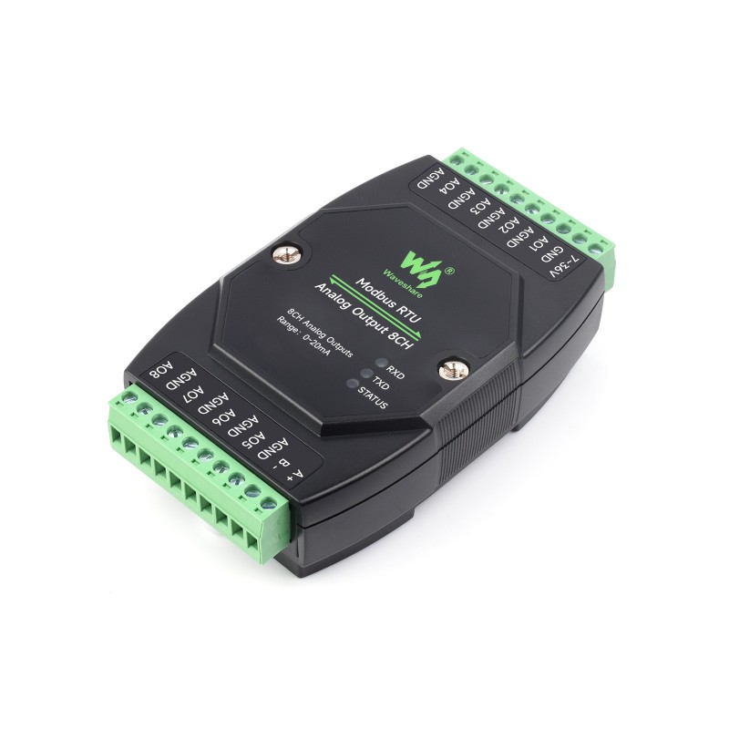 Modbus RTU modul s 8 analogovými výstupy pro řízení technologických zařízení prostřednictvím sběrnice RS485.