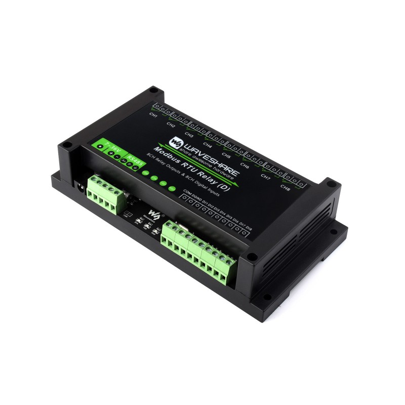 Modbus RTU modul s 8 digitálními vstupy a 8 reléovými výstupy pro sběr dat a ovládání technologie přes RS485.