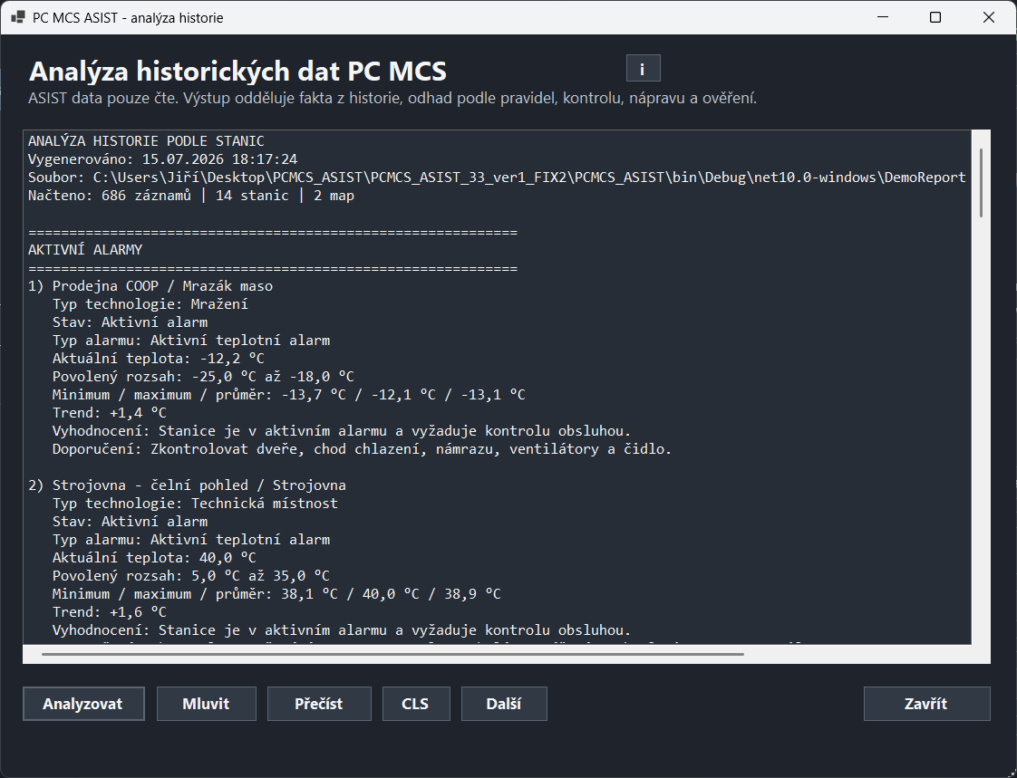 PC MCS ASIST – analýza historie